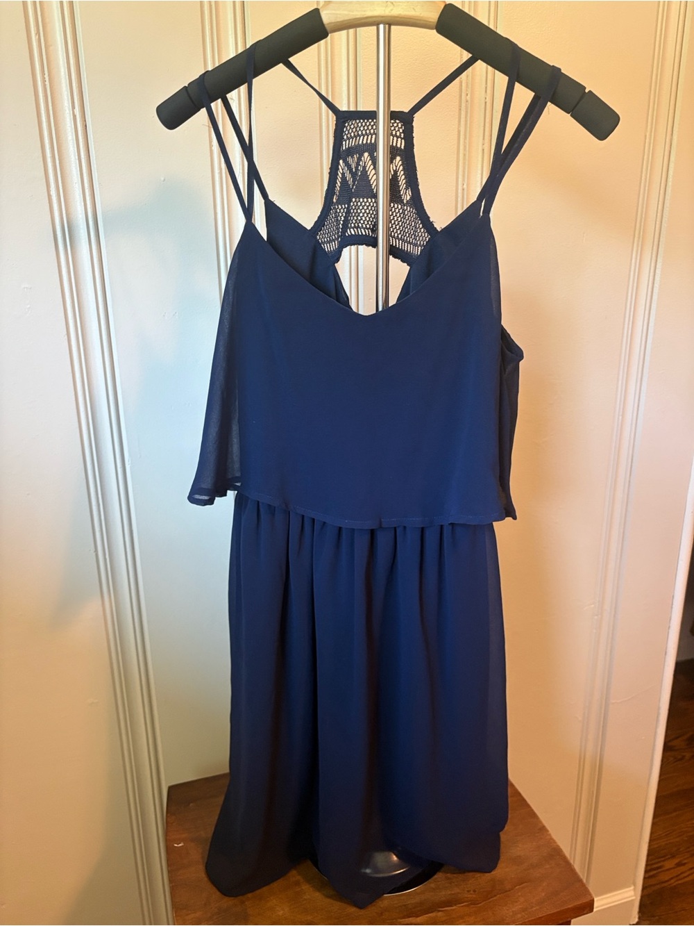 Love Reign Navy Crochet-Back Tiered Spaghetti-Strap Midi Dress